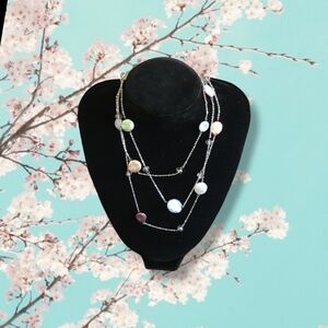 NWOT Pretty Silver Tone Colorful AB Natural Pearls Long Dainty Necklace